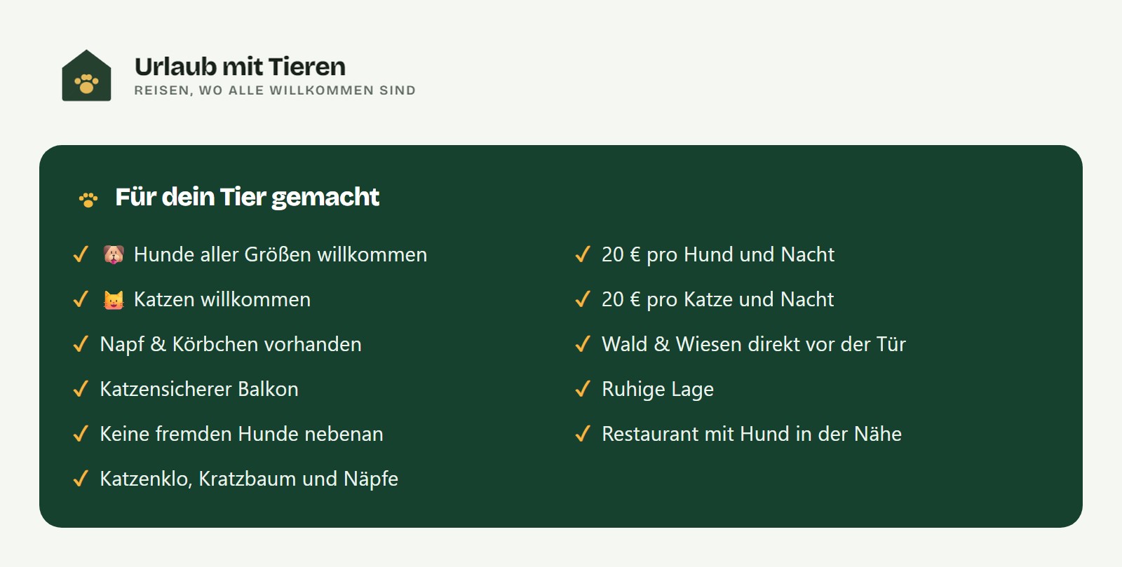 Bildschirmfoto der Tierangaben einer Ferienwohnung auf urlaub-mit-tieren.com: Hunde aller Größen und Katzen willkommen, Tiergebühr, katzensicherer Balkon, Katzenklo und Kratzbaum