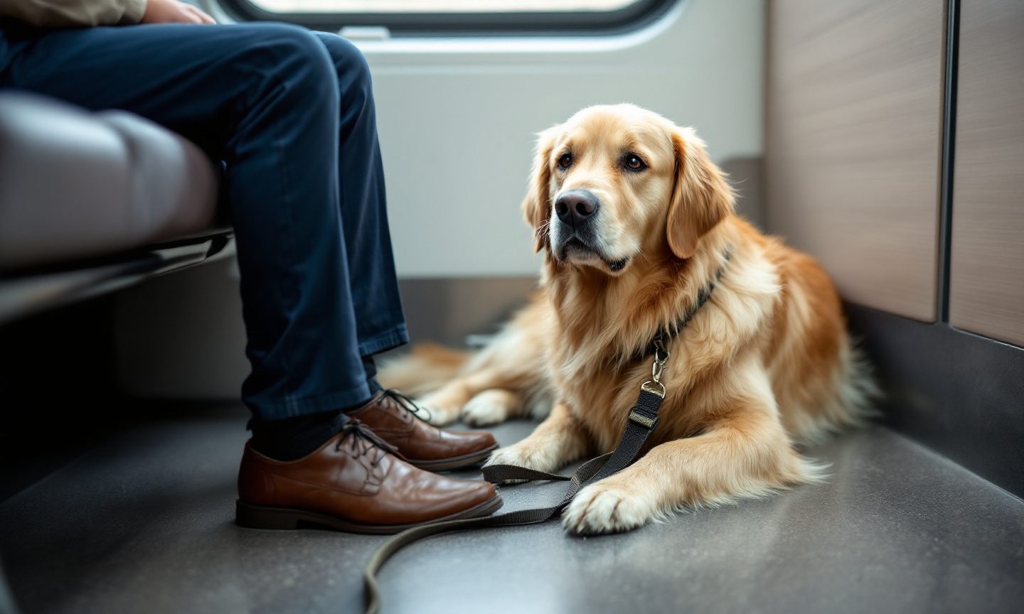 Golden Retriever mit Halsband und Leine liegt ruhig im Zug zu den Füßen eines sitzenden Fahrgasts