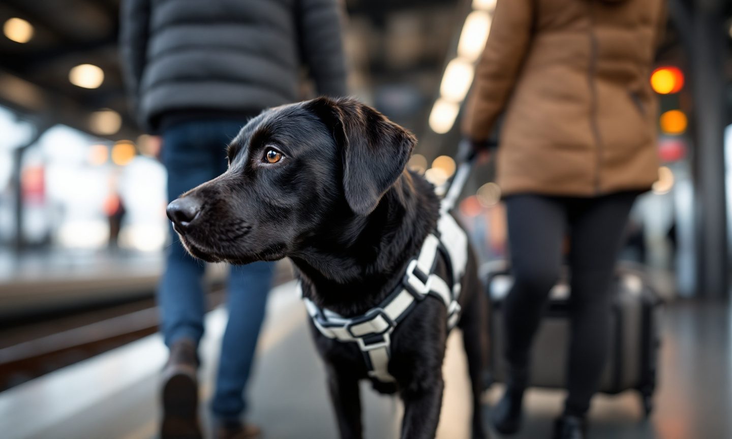 Schwarzer Labrador im weißen Führgeschirr mit Bügel geht auf einem Bahnsteig neben seinem Menschen