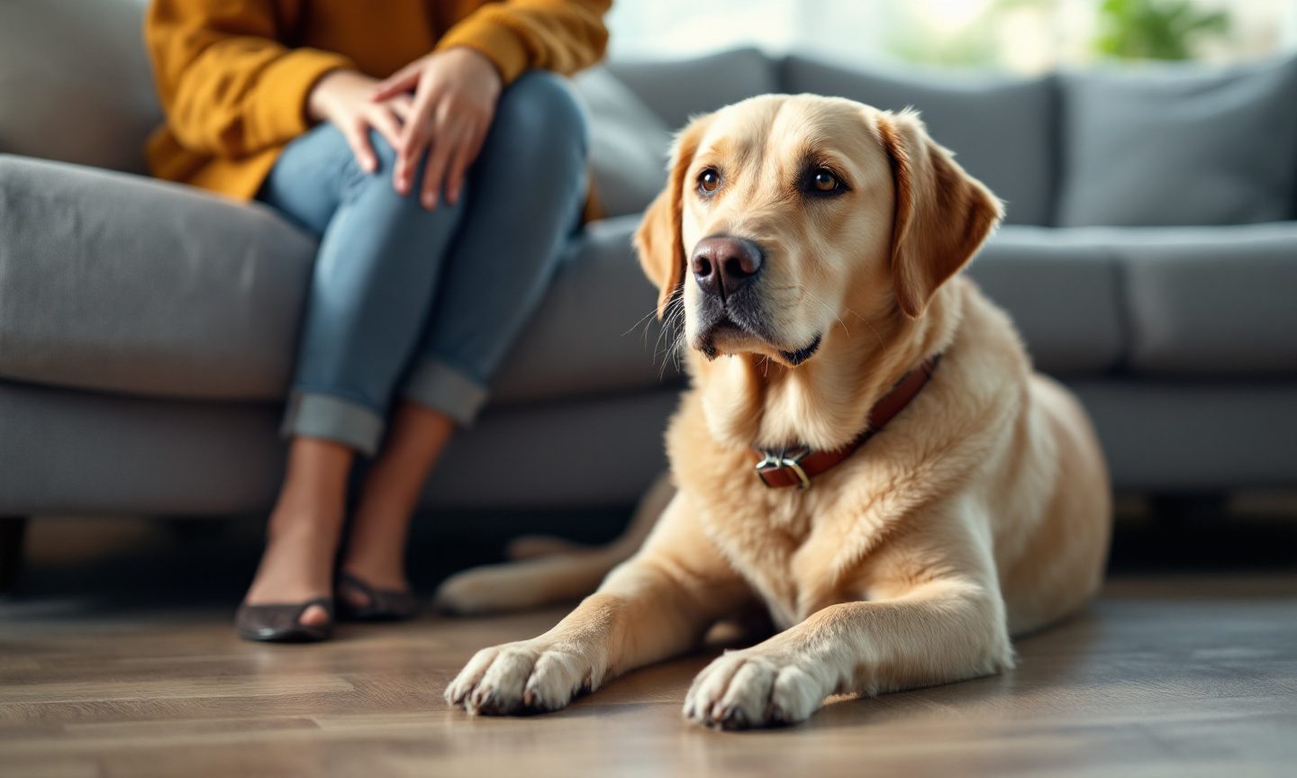Hellbrauner Labrador mit Lederhalsband liegt entspannt auf dem Holzboden einer Ferienwohnung vor dem Sofa, auf dem sein Mensch sitzt