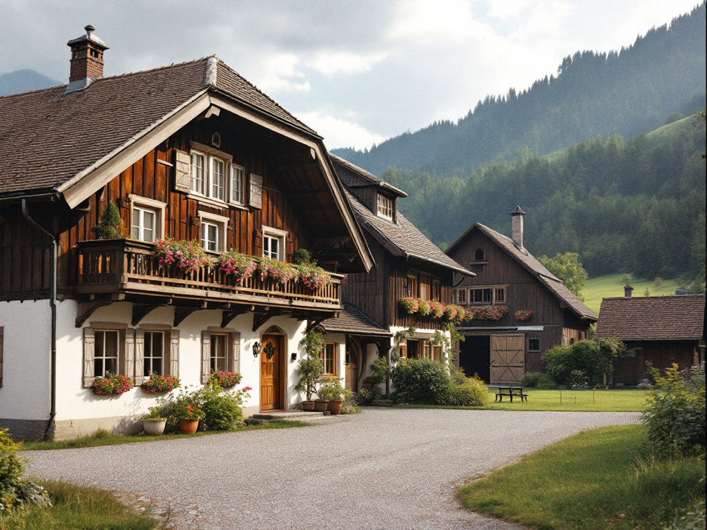 Bayerischer Bauernhof mit Holzbalkon und Scheune, dahinter Wiesen und bewaldete Hügel