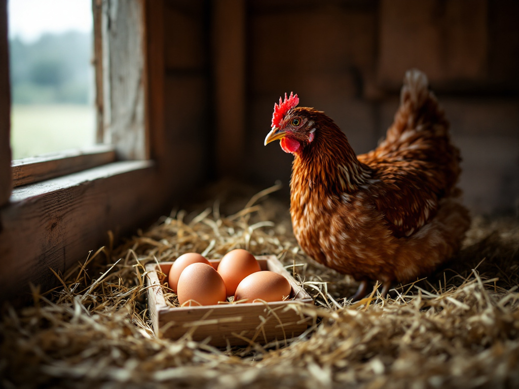 Braunes Huhn neben einem Nest mit vier Eiern im Stroh, Licht fällt durch das Stallfenster