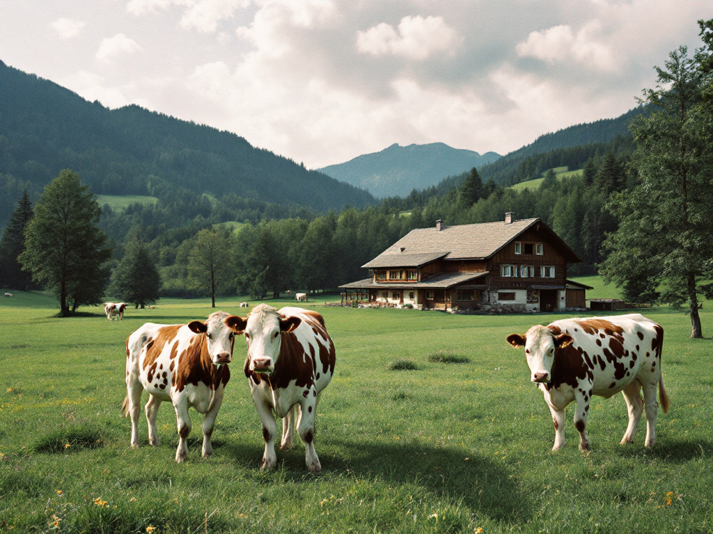 Drei Kühe auf einer Weide vor einem Bauernhof, dahinter bewaldete Berge