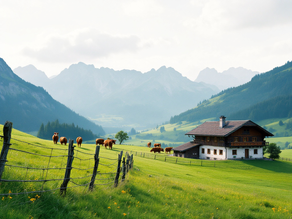Weite grüne Weide im Allgäu mit Holzzaun, im Hintergrund grasende Kühe und die Berge