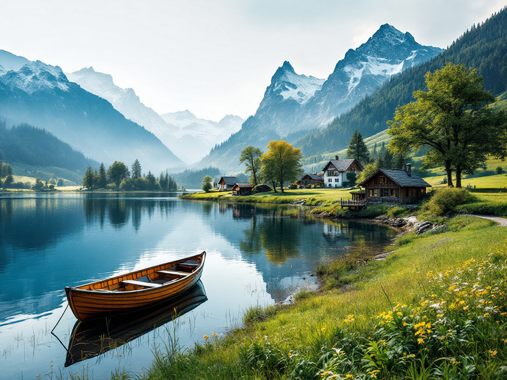 Ruhiger See im bayerischen Alpenvorland mit Ruderboot am Ufer, dahinter Wiesen und Berge