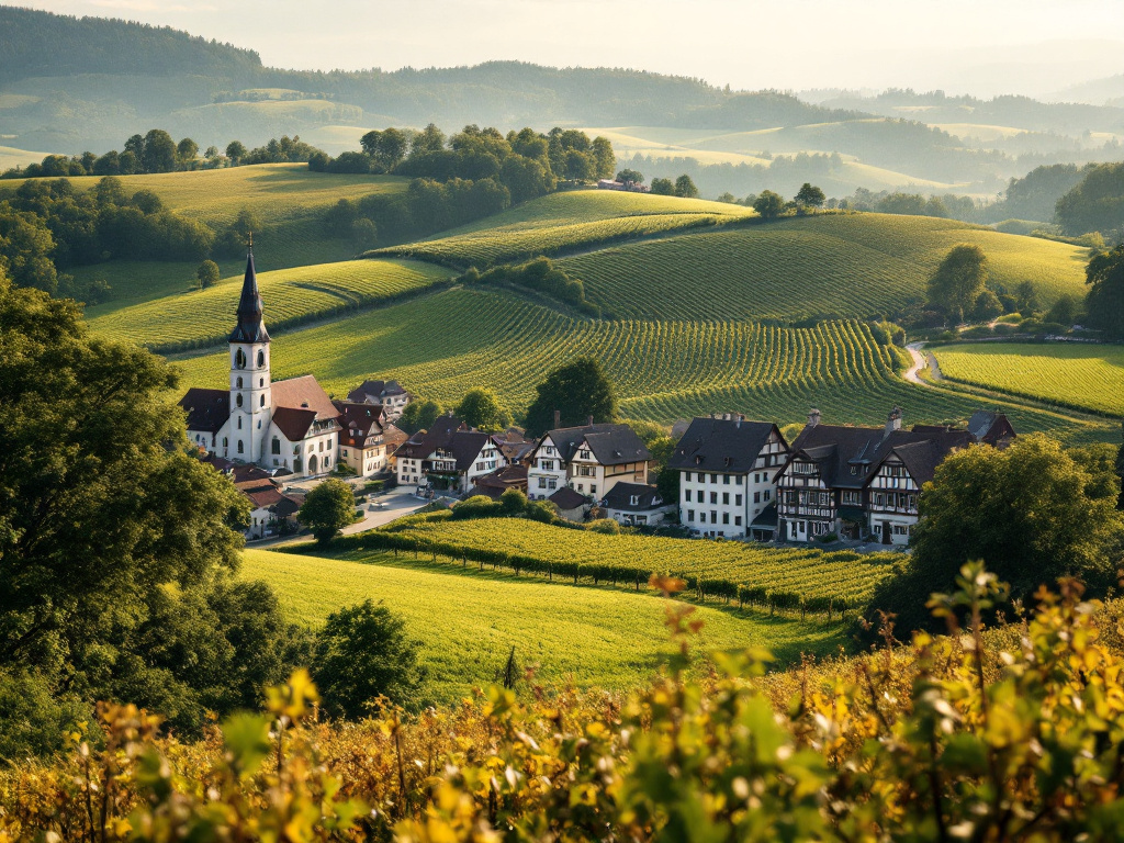 Weinberge über einem fränkischen Dorf mit Fachwerkhäusern und Kirchturm, Streuobstwiesen im Vordergrund