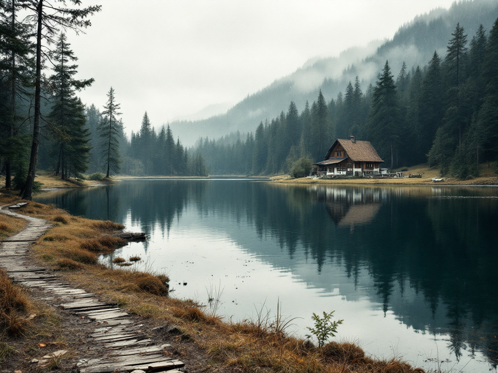 Stiller Bergsee im Bayerischen Wald, umgeben von Fichtenwald, Nebel über den Hängen