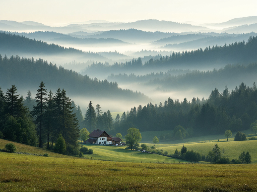 Bewaldete Hügel des Bayerischen Waldes im Morgennebel, ein einzelner Hof in einer Lichtung