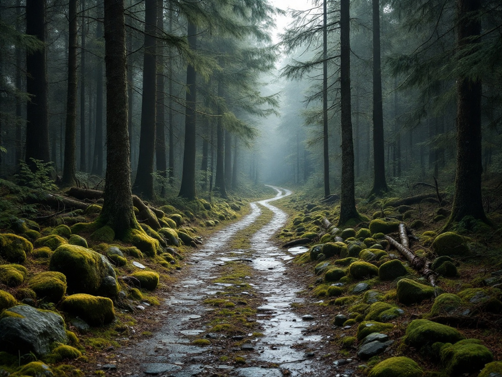 Schmaler Waldweg durch dichten Fichtenwald mit bemoosten Steinen, Nebel zwischen den Stämmen