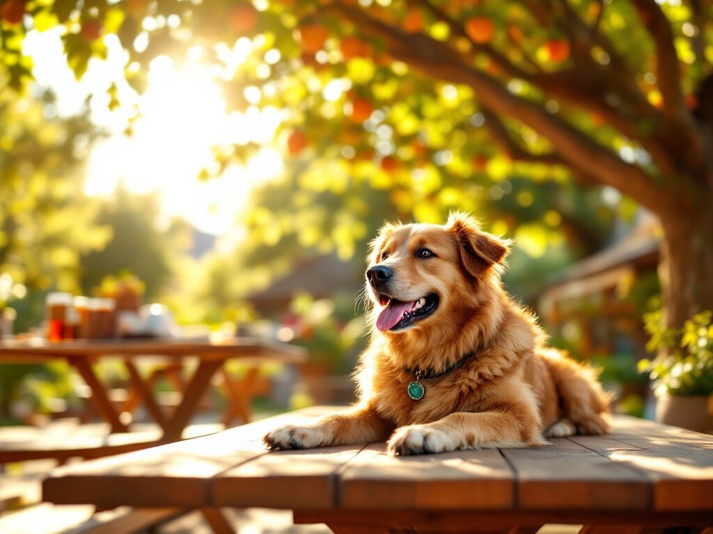 Labrador döst im Schatten unter einem Biergarten-Tisch