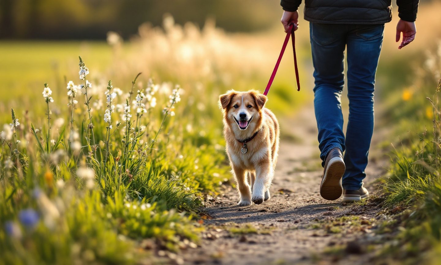 Hund läuft an der Leine auf einem Feldweg neben einer Frühlingswiese mit hohem Gras und Wildblumen