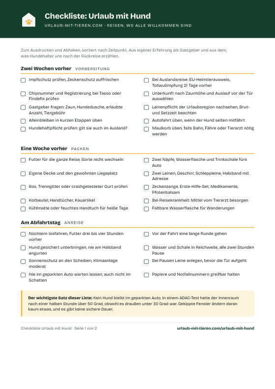 Erste Seite der Checkliste Urlaub mit Hund: Aufgaben zwei Wochen vorher, eine Woche vorher und am Abfahrtstag zum Abhaken