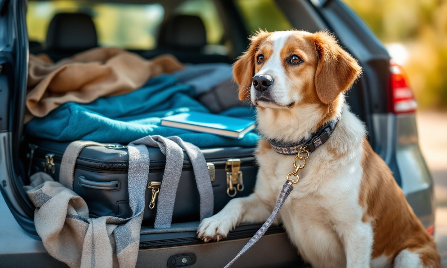 Hund sitzt neben einem gepackten Koffer im offenen Kofferraum, darauf ein blaues Heft, bereit für die Reise