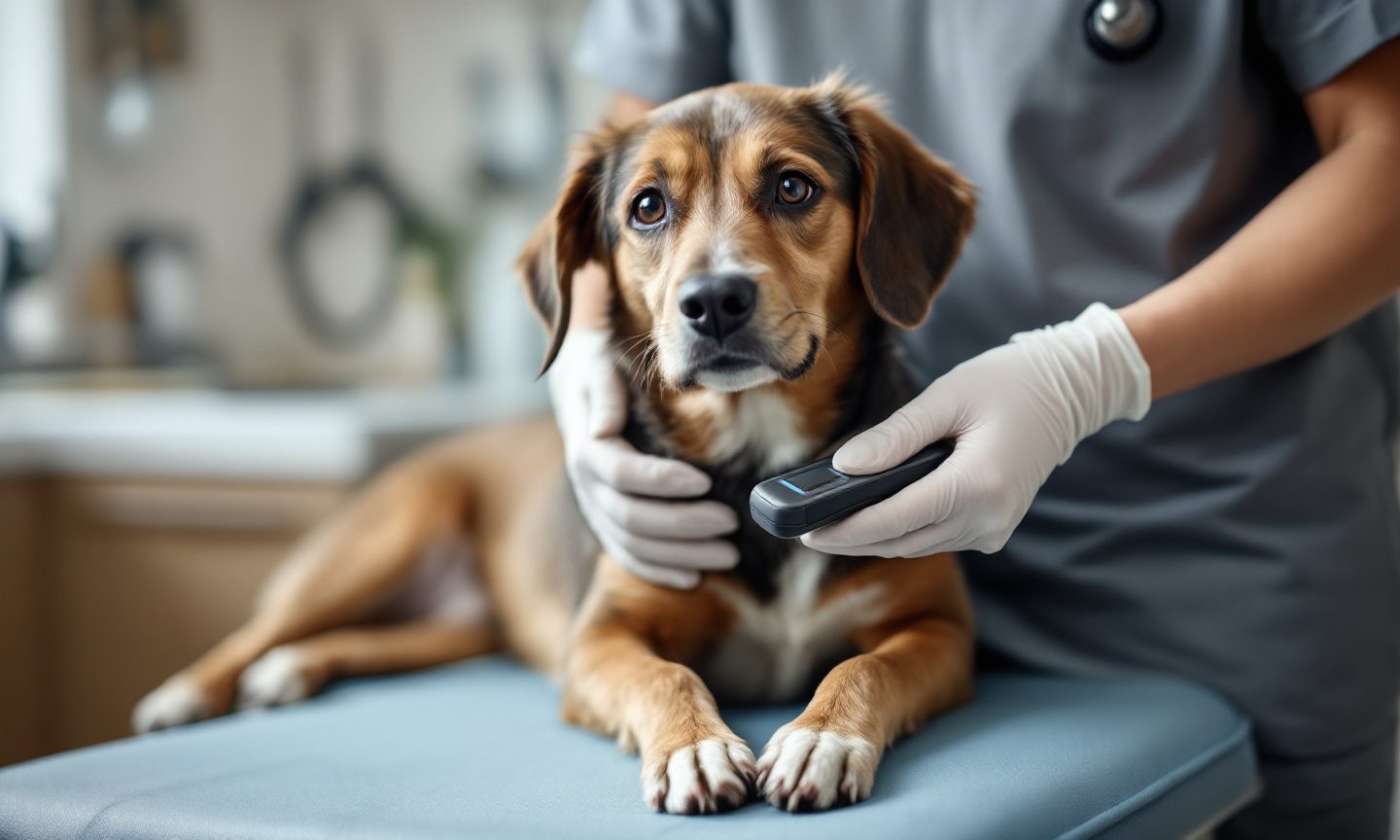In einer Tierarztpraxis wird mit einem Lesegerät der Mikrochip am Hals eines Hundes ausgelesen