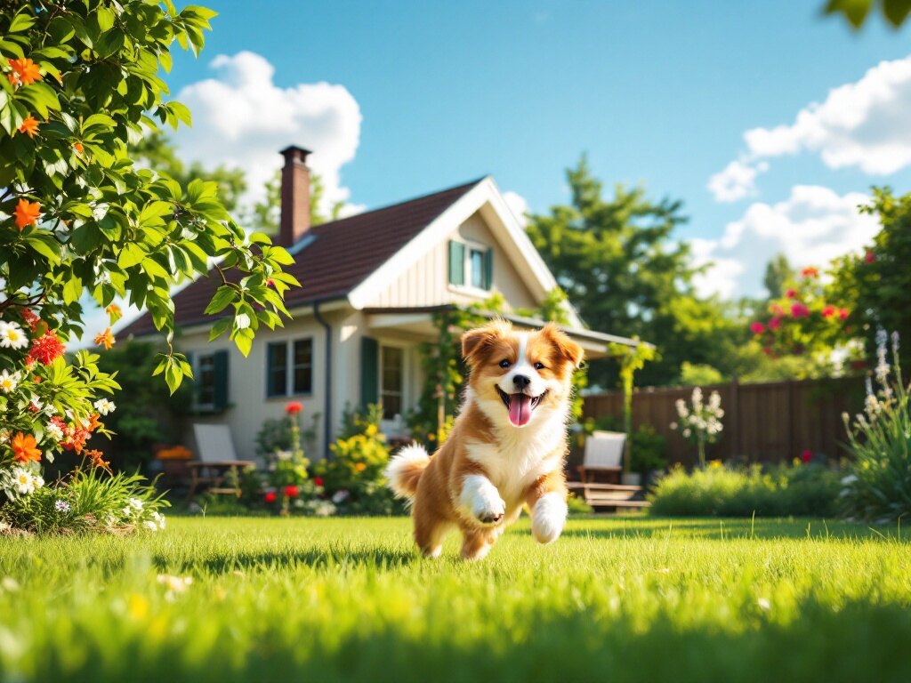 Hund steht entspannt im komplett eingezäunten Garten eines Ferienhauses