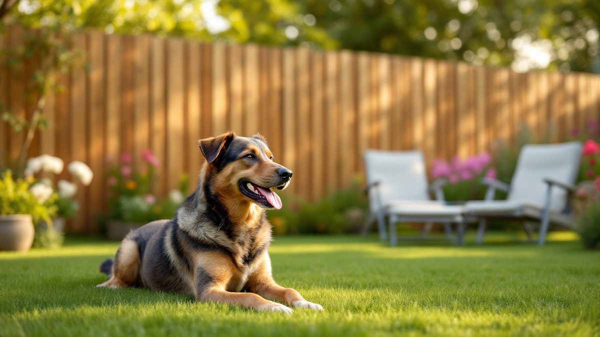 Hund liegt im eingezäunten Garten eines Ferienhauses vor einem hohen blickdichten Holzzaun