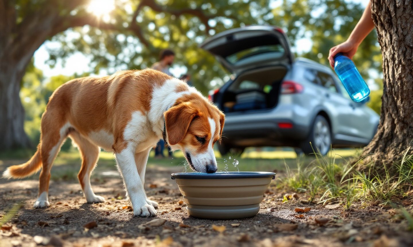 Hund trinkt aus einem Faltnapf im Schatten eines Baumes neben einem geparkten Auto mit offener Heckklappe