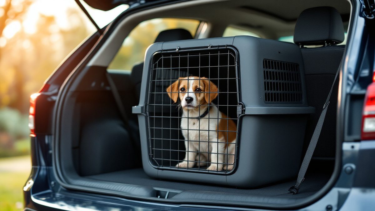 Hund sitzt in einer geschlossenen Transportbox, die mit einem Spanngurt im Kofferraum gesichert ist