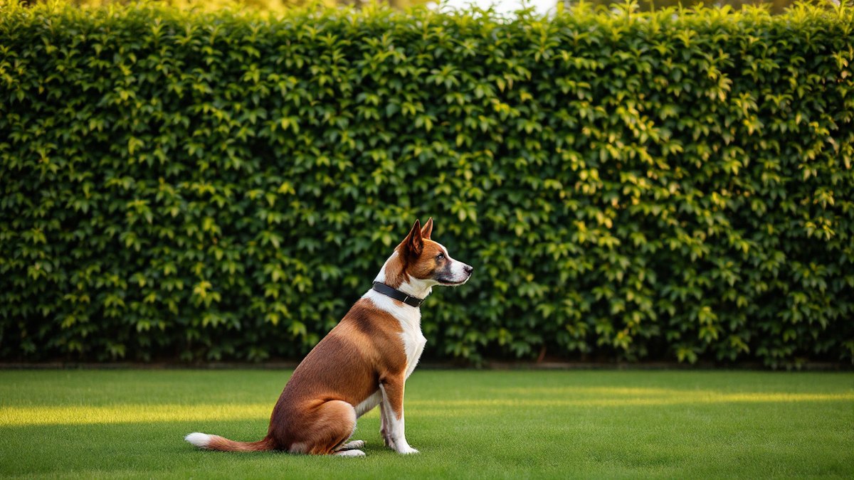 Hund mit Halsband sitzt seitlich auf dem Rasen vor einer hohen, dichten Hecke