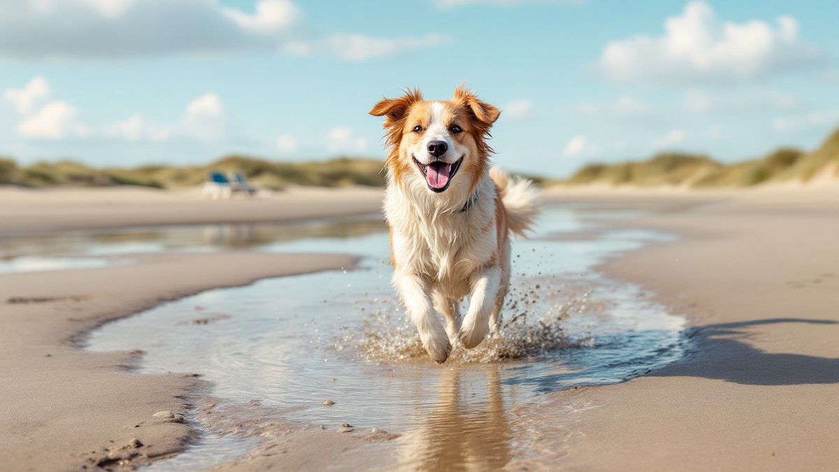 Hund rennt bei Ebbe durch einen Priel am Nordseestrand, im Hintergrund Dünen und Strandkörbe