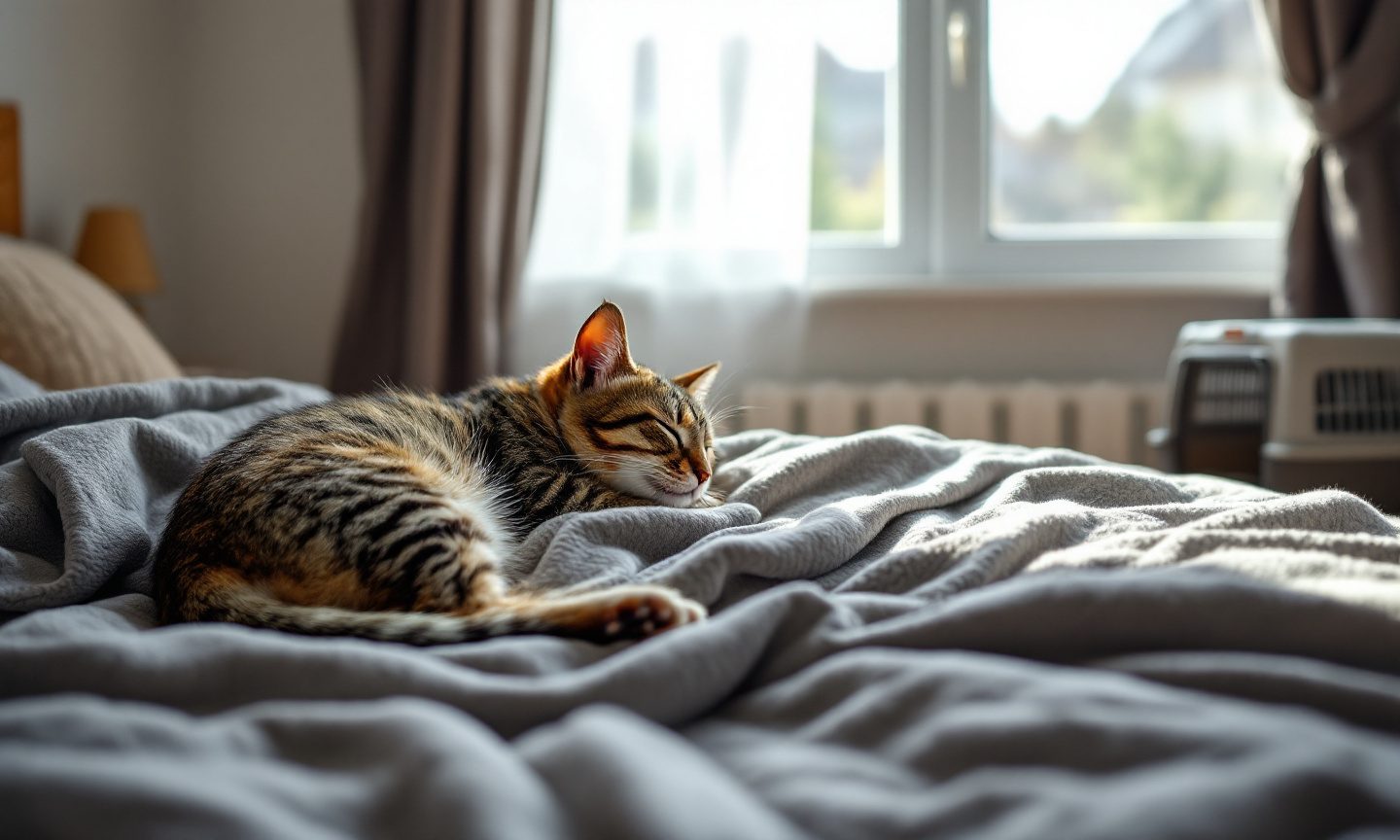 Getigerte Katze schläft auf einer grauen Decke im Schlafzimmer einer Ferienwohnung, am Fenster steht die Transportbox