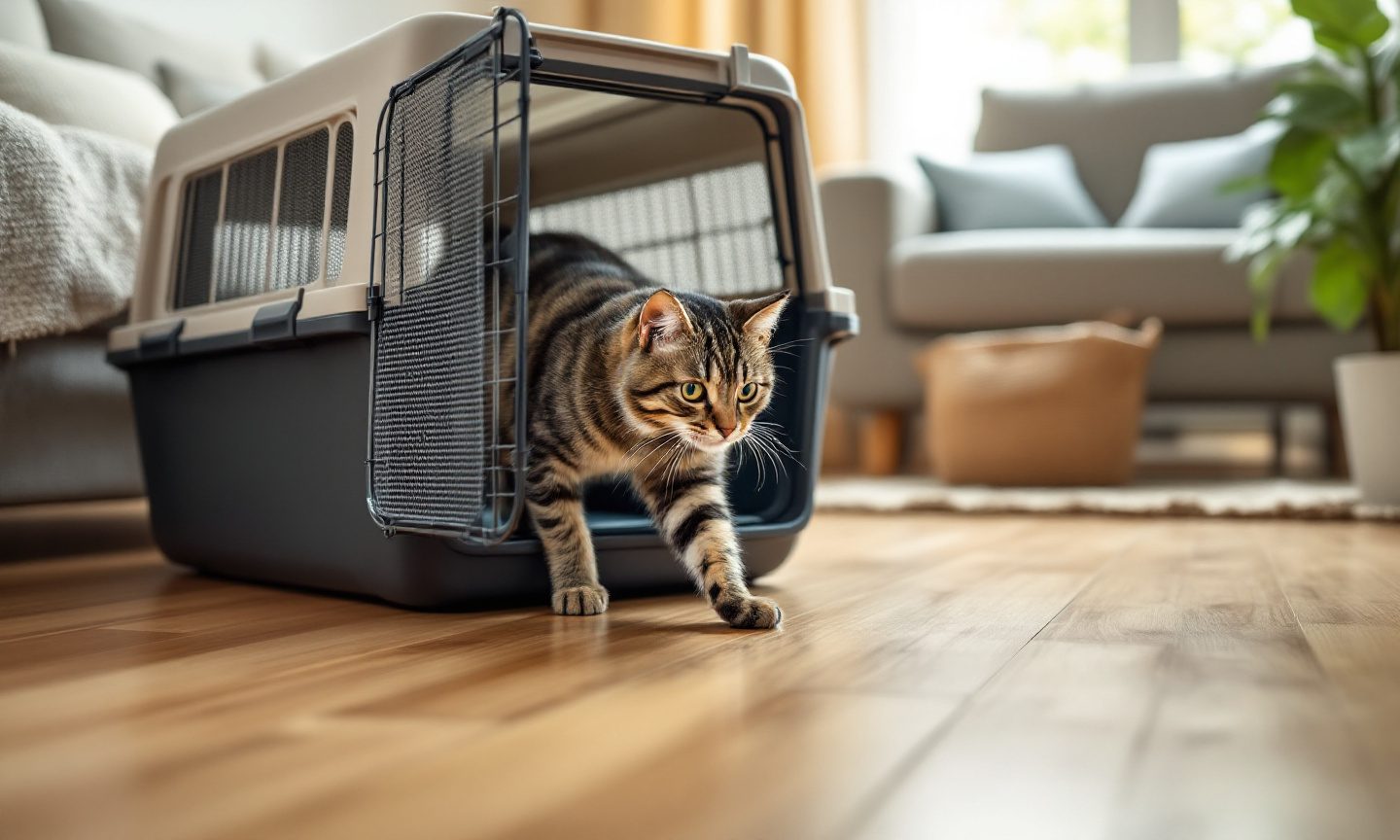 Getigerte Katze steigt vorsichtig aus einer offenen Transportbox auf den Holzboden einer hellen Ferienwohnung