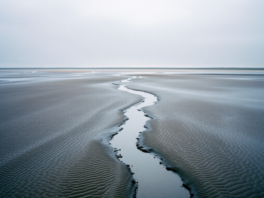 Priel im Wattenmeer bei Niedrigwasser, geriffelter Wattboden bis zum Horizont