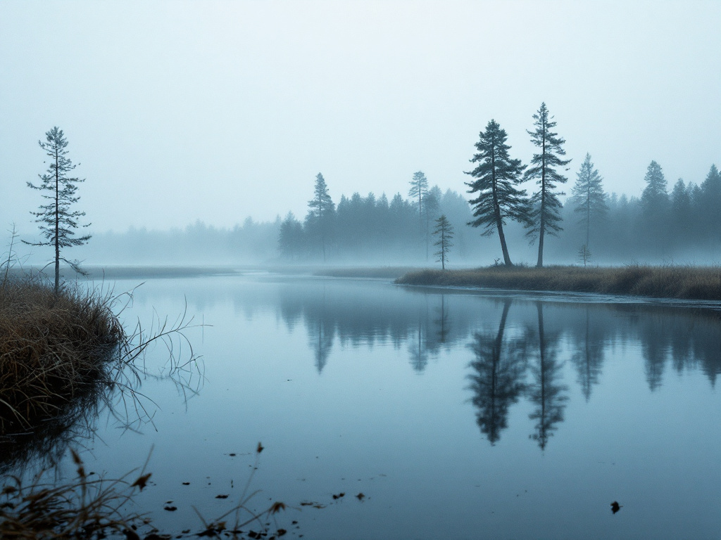Bodden im Morgennebel, Schilfgürtel am Ufer, Kiefern spiegeln sich im flachen Wasser
