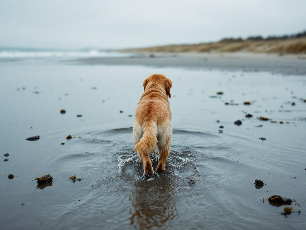 Hund steht im flachen, klaren Wasser der Ostsee, dahinter ein breiter Sandstrand