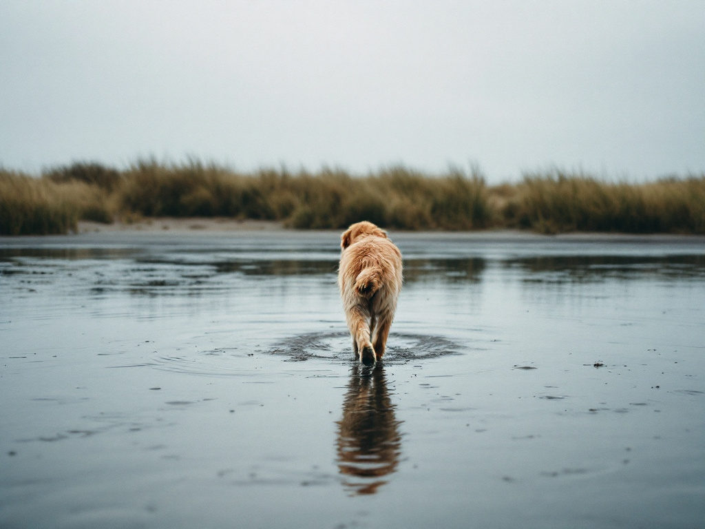 Hund läuft am Hundestrand an der Ostsee: Nebensaison, fast leer