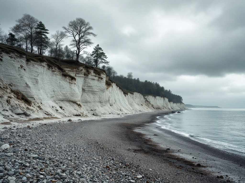 Kreidefarbene Steilküste an der Ostsee mit Wald auf der Kante, darunter ein Geröllstrand