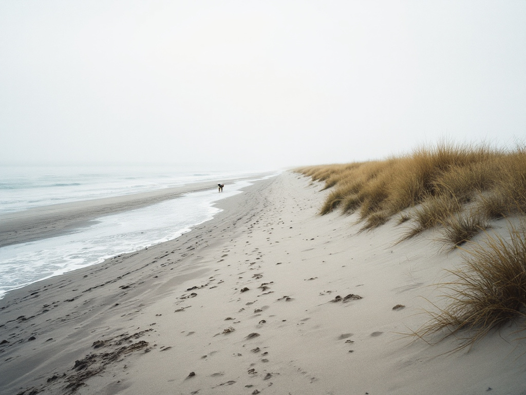 Weiter, leerer Ostseestrand im Herbst mit Dünengras, ein Hund klein in der Ferne am Wasser