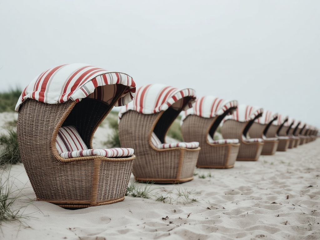 Reihe von Strandkörben an einem Ostseestrand, Sand und Dünengras, bedeckter Morgen