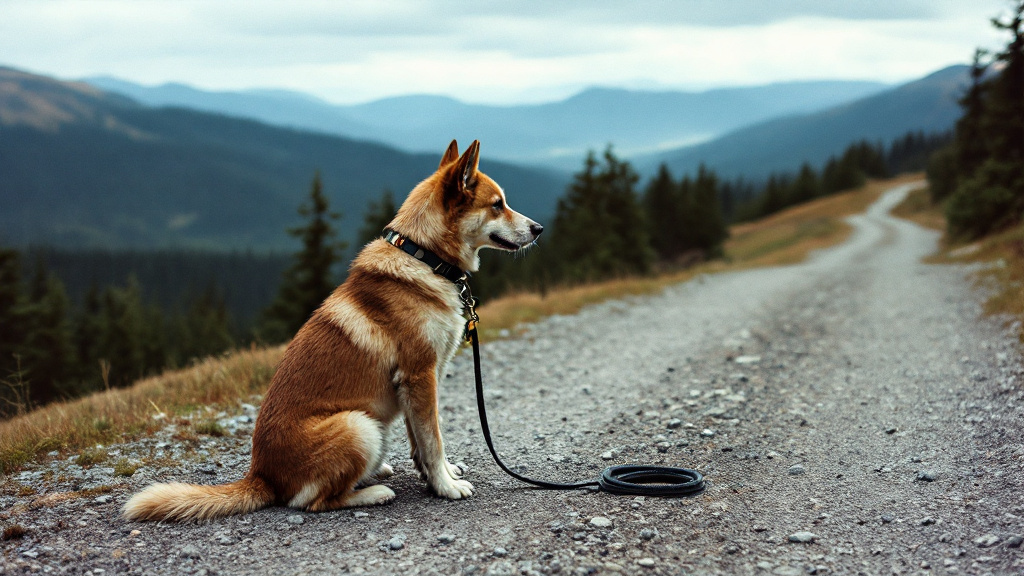 Hund mit Leine sitzt an einem Höhenweg im Schwarzwald, dahinter Tannen und bewaldete Hügel