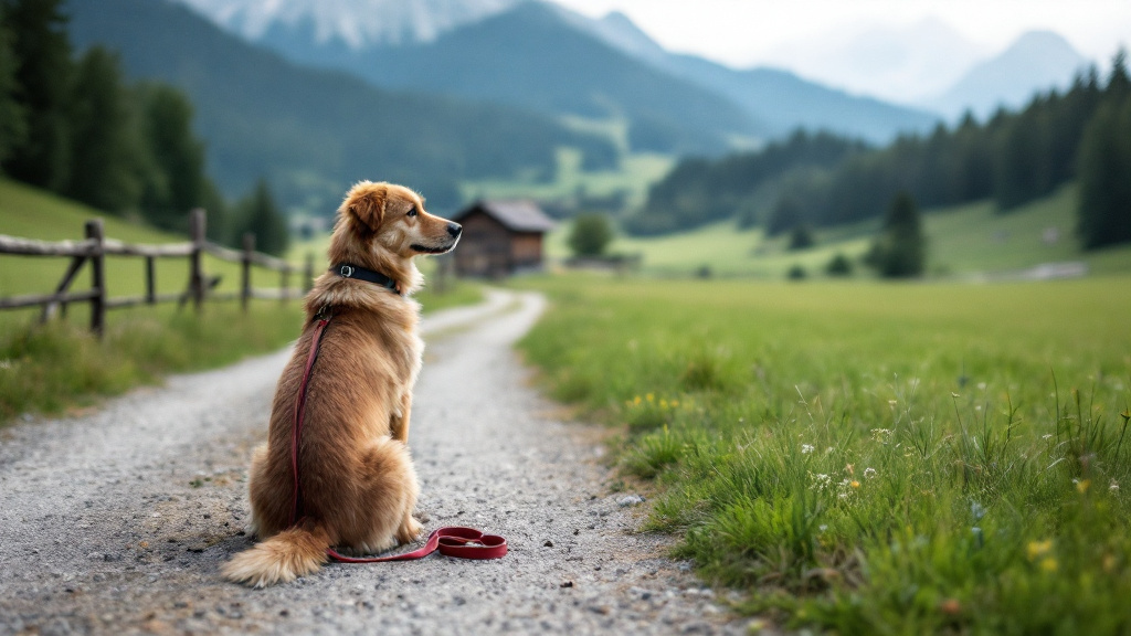 Hund an der Leine auf einem Weg entlang einer Almwiese in Bayern, dahinter Zaun und Berge