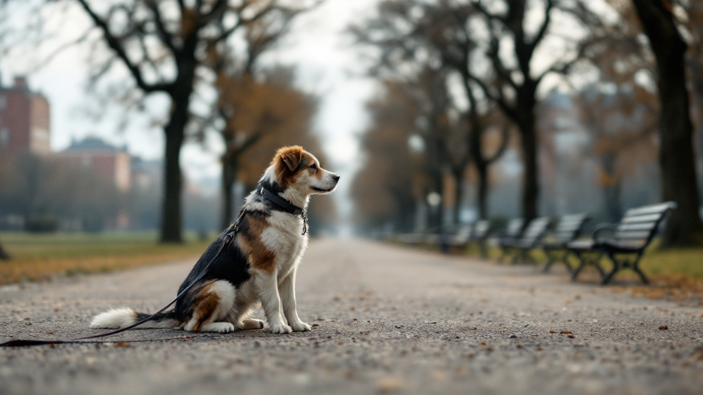 Hund mit Leine sitzt auf einem Parkweg in Berlin, dahinter alte Bäume, Bänke und Wohnhäuser
