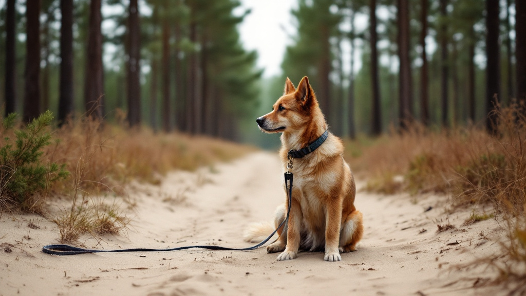 Hund mit Leine sitzt auf einem Sandweg durch einen Kiefernwald in Brandenburg