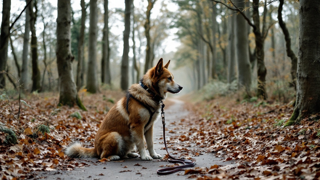 Hund mit Leine sitzt auf einem Pfad in einem alten Buchenwald in Hessen