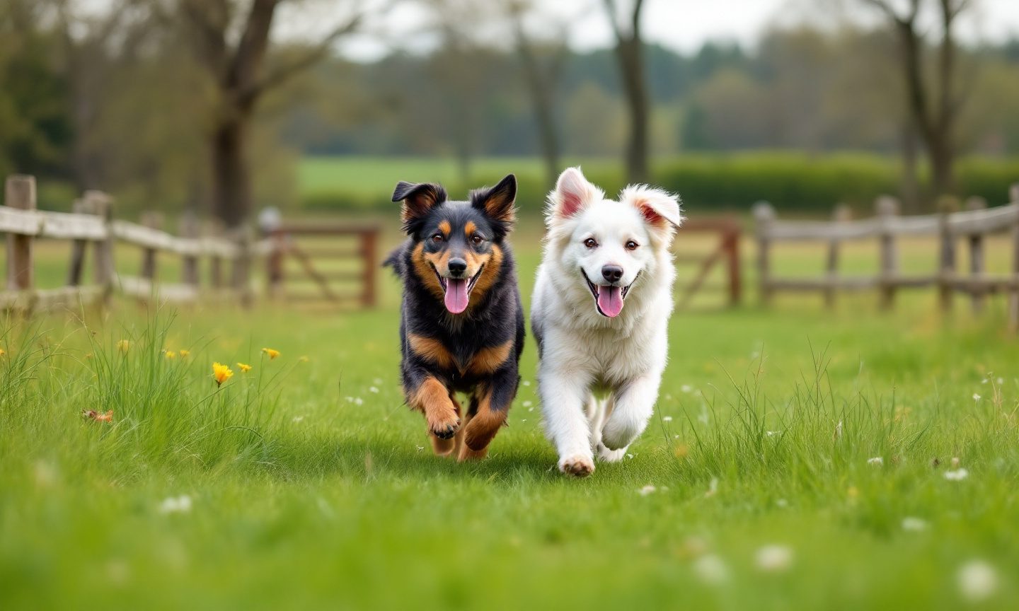 Zwei Hunde laufen ohne Leine über eine mit einem Holzzaun eingefasste Hundewiese