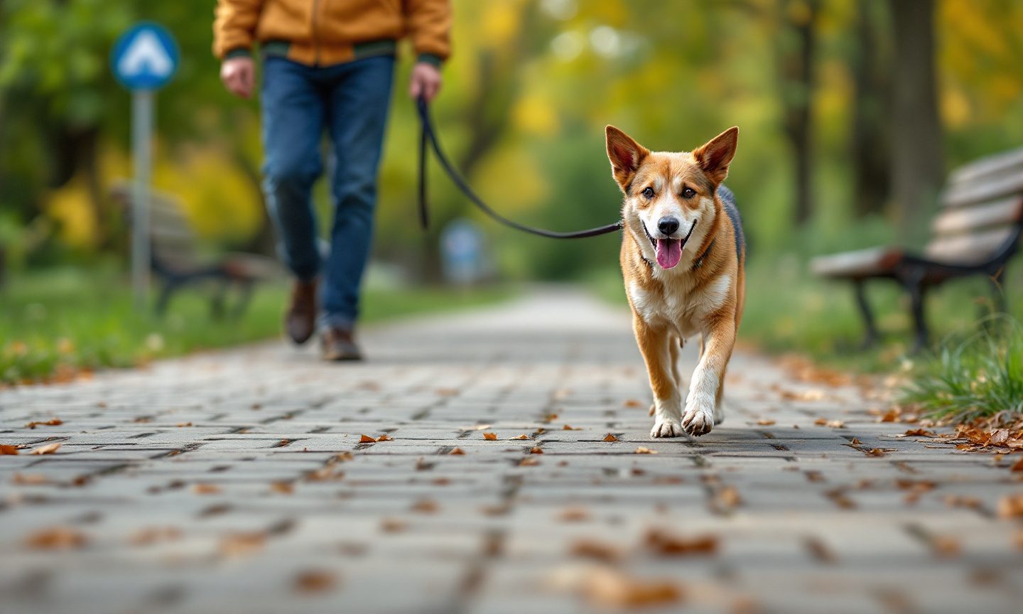 Hund läuft an der Leine auf einem gepflasterten Weg durch einen Park mit Bänken und Herbstlaub