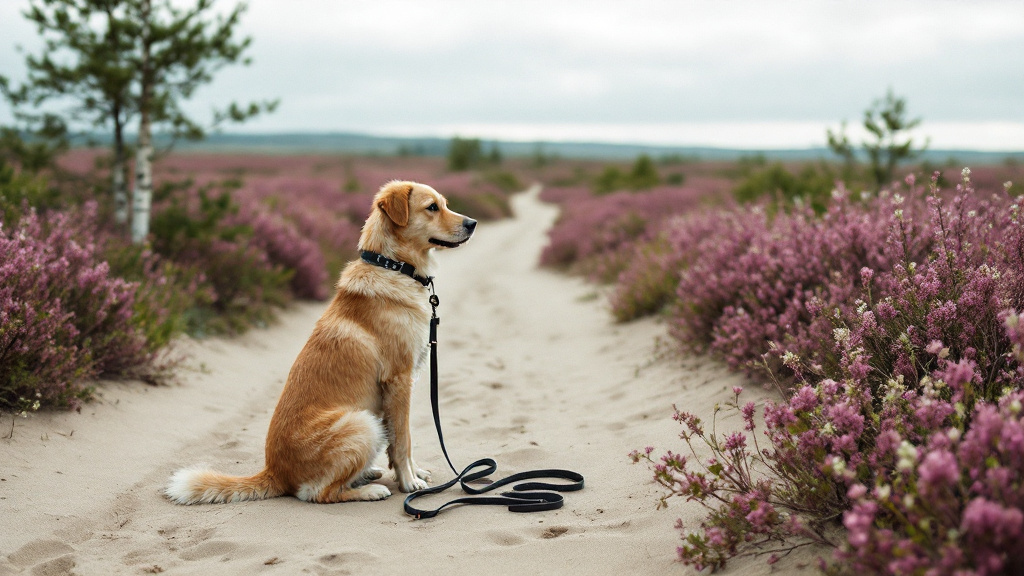 Hund mit Leine sitzt an einem Sandweg durch blühende Heide in Niedersachsen, dahinter Birken und Wacholder