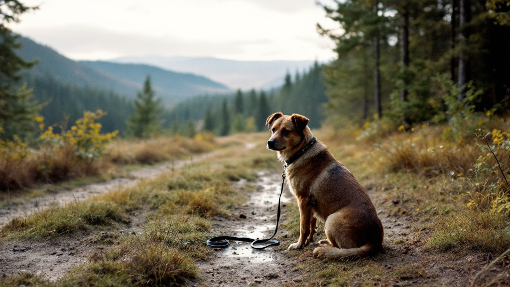 Hund mit Leine sitzt am Rand eines breiten Waldwegs im Sauerland in Nordrhein-Westfalen