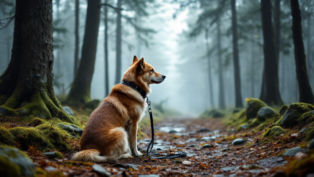 Hund mit Leine sitzt an einem Waldweg im Harz in Sachsen-Anhalt, Fichten und Nebel zwischen den Stämmen