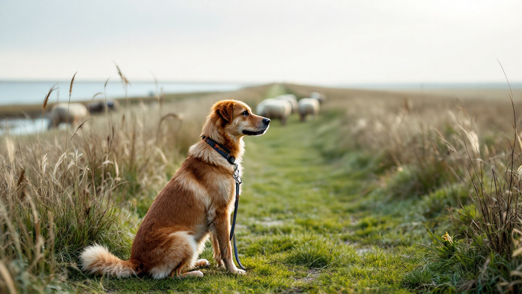 Hund an kurzer Leine sitzt auf einem Deichweg in Schleswig-Holstein, im Hintergrund Schafe auf dem Deich