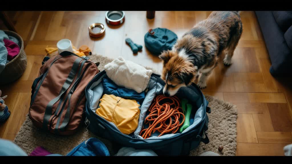 Reisetasche wird mit Hundeleine, Näpfen und Spielzeug gepackt, ein Hund schnüffelt daran