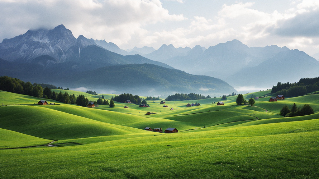 Grüne Hügelwiesen im Allgäu mit einzelnen Heustadeln, dahinter die Alpen