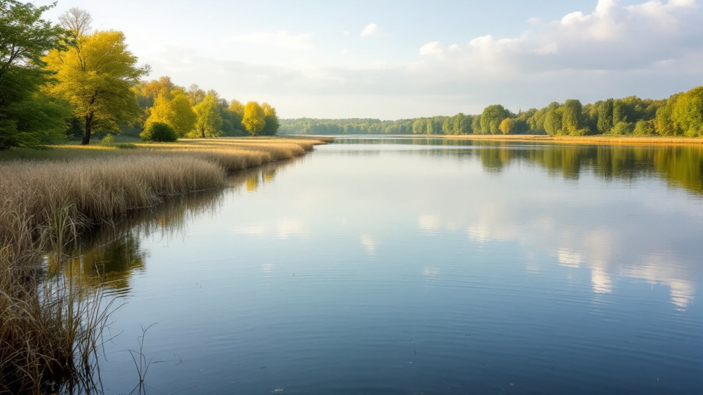 Ruhiger See mit Schilfgürtel am vorderen Ufer, gegenüber ein flaches, dicht bewaldetes Ufer, das sich im Wasser spiegelt