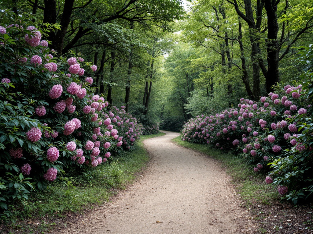 Sandiger Weg durch einen Laubwald, links und rechts große Rhododendronbüsche mit rosa und lila Blüten