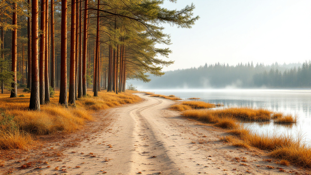Kiefernwald mit rötlichen Stämmen am Ufer eines stillen Sees, ein sandiger Weg führt am Wasser entlang, über dem See liegt Morgennebel, am anderen Ufer Nadelwald