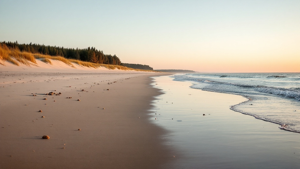 Leerer Sandstrand an der Ostsee im Abendlicht, flache Wellen am nassen Sand, dahinter Dünen mit Strandhafer und Nadelwald